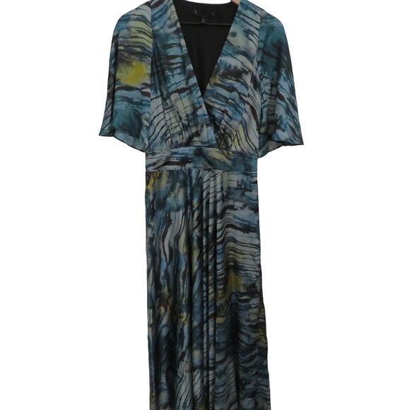 Banana Republic Womens Sz S Blue Black Midi Dress V Neckline Flowy Sleeve - Picture 1 of 7